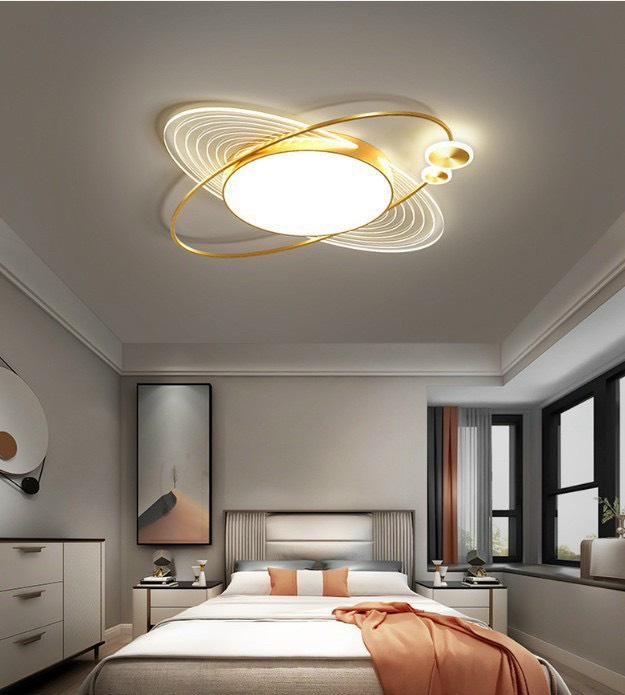 Phòng ngủ hiện đại với đèn mâm LED ốp trần hình elip