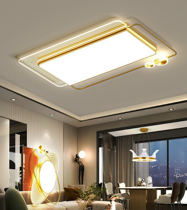 Phòng khách và phòng ăn hiện đại với đèn ốp trần